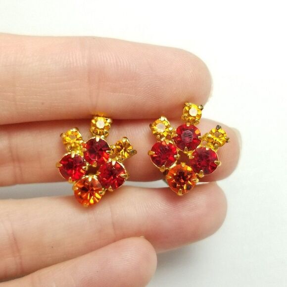 Vintage Red Orange Little Rhinestone Cluster Clip On Earrings Made in Austria - Picture 5 of 8